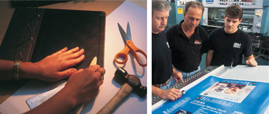 Custom Binder Being Made at Vulcan Information Packaging and EBSCO Media Employees Examining Production Quality